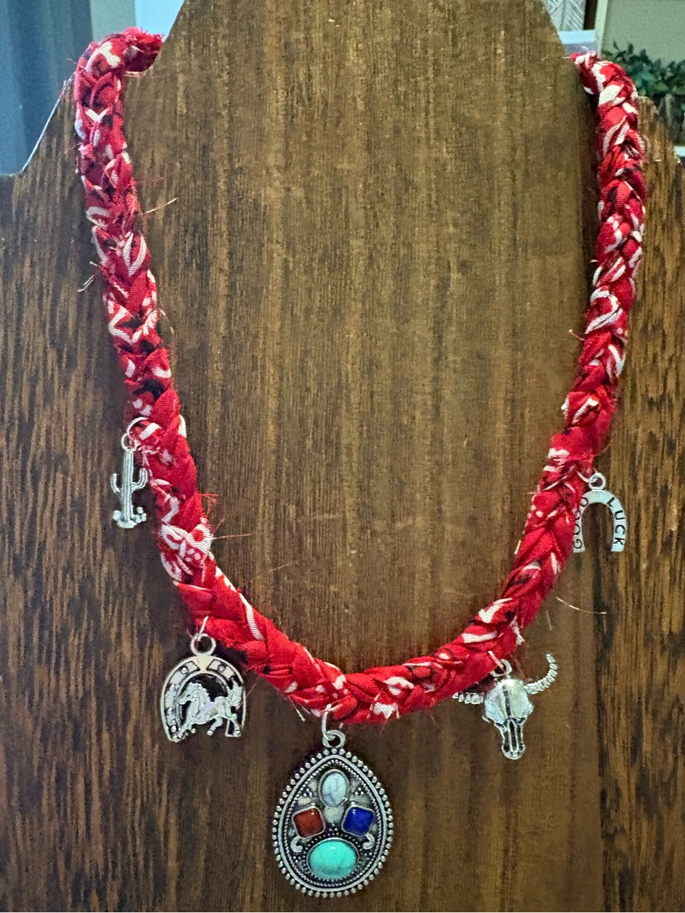 Handmade Boho Red Braided Charm Necklace with Multi-Stone Pendant